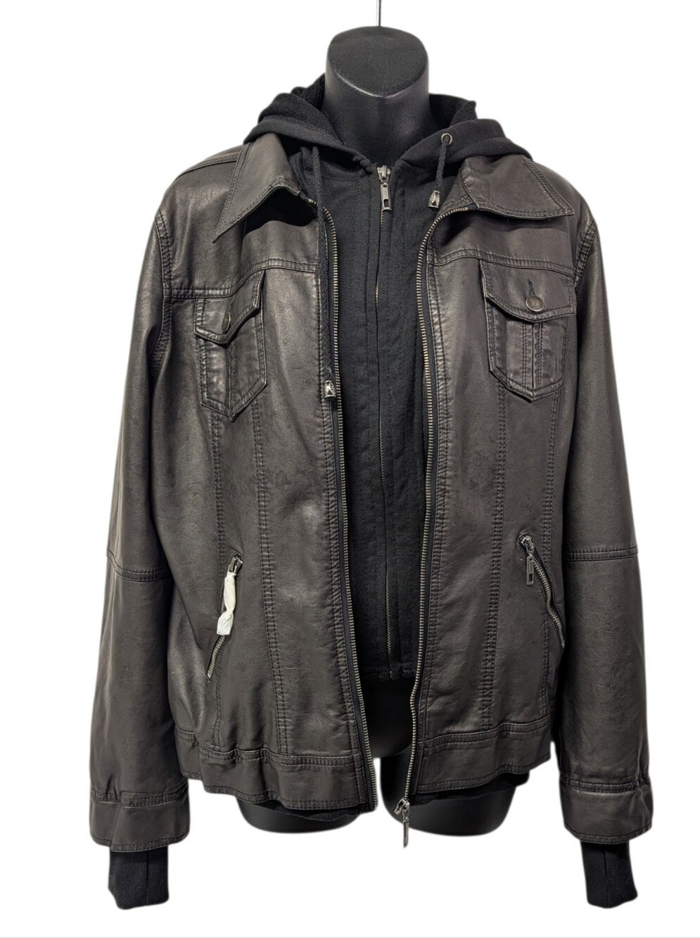 LA Coalition Women's Faux Leather Hooded Moto Jacket Black Brown XL Zip Up